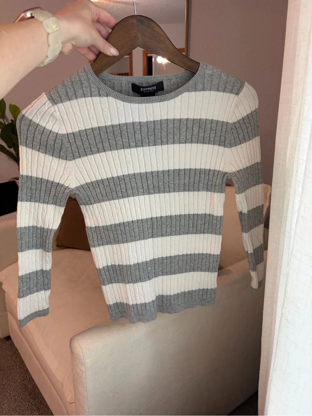 Express Gray & White Striped Ribbed Sweater